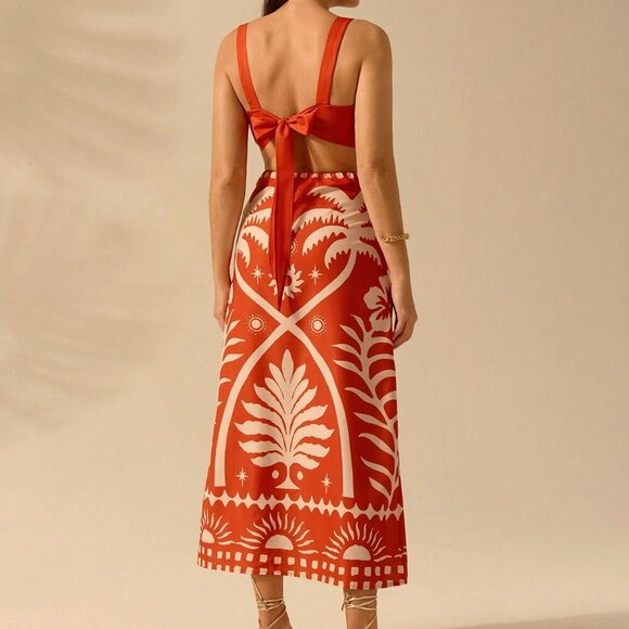 Orange Boho Women's Coconut Print Cropped Cami Top And Fitted Maxi Skirt Set - Picture 2 of 7